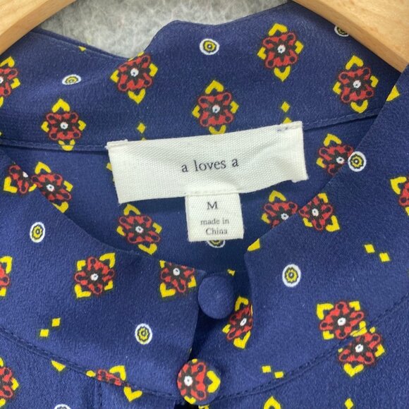 A Loves A Top Womens Medium Navy Multi Pattern Silk Button Long Balloon Sleeve - Picture 5 of 10
